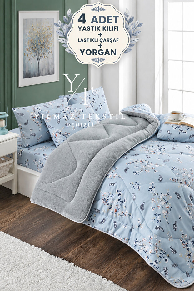 Blue Ethnic Double Size Fluffy Bedding Set with Fitted Sheet | Dowry Set