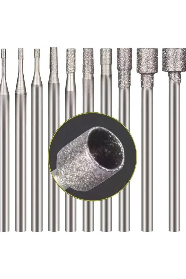 10 Pcs Hollow Cup Shape Diamond Burr Set, 3/32 Inch Shank Stone Carving Bits for Rotary Tools