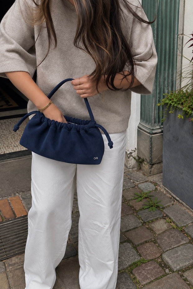 Women's Andrea Drawstring Suede Bag Navy Blue 1709