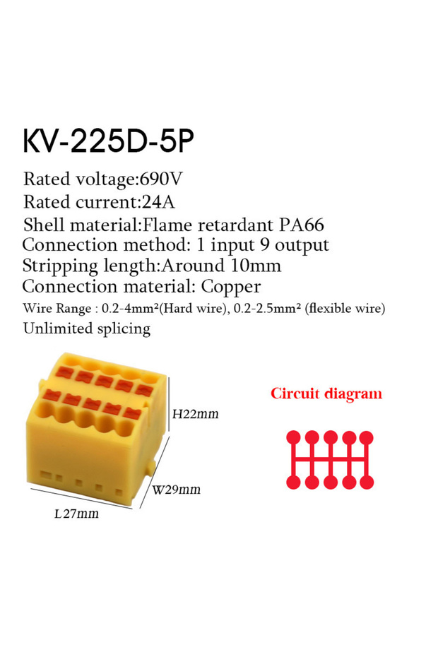 225D-5P-Y 1Pc Wire Electrical Cable Connectors Plug-in Terminal Block PTFIX 2.5mm² Splitter Spliceab