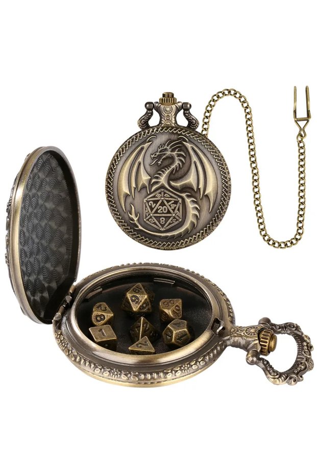 bronze Polyhedral Dice Vintage Dragon Pocket Watch Case Combines Dice Pendant Chain For Entertaining