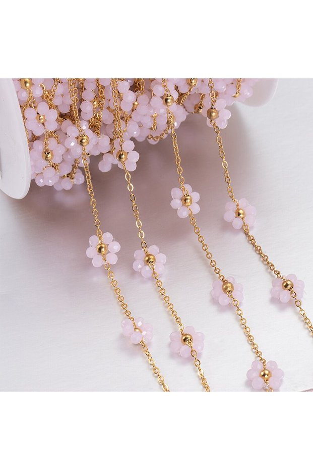 1 meter Pink-Gold Color 1 Meters Stainless Steel Colored Crystal Small Flower Beaded Chain for DIY N