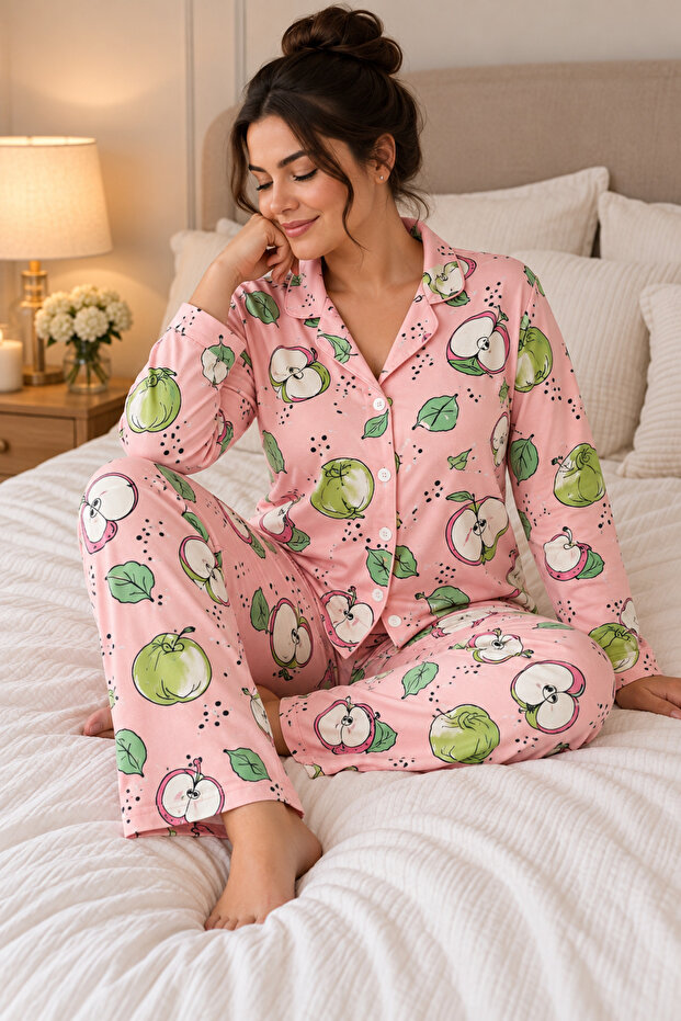 Cotton Buttoned Double Milan Pajama Set Pink Patterned