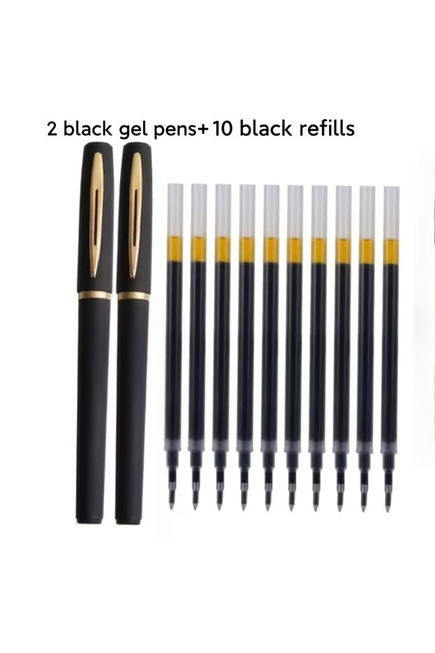 2 pens 10 pen refill 12 Black Gel Pens, 2 Gel Pens Plus 10 Refill Cartridges,Large Capacity Gel Pens