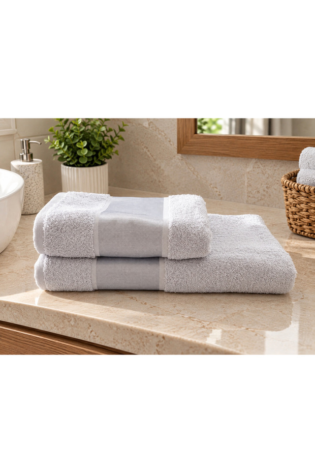 100% Cotton 2-Piece Towel Set 50X90 Hand and Face Towel + 70X140 Bath Towel with Gray Border