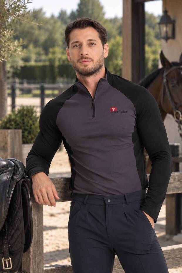 Black Sleeve Anthracite Garnished Zippered Long Sleeve Men's Riding T-Shirt