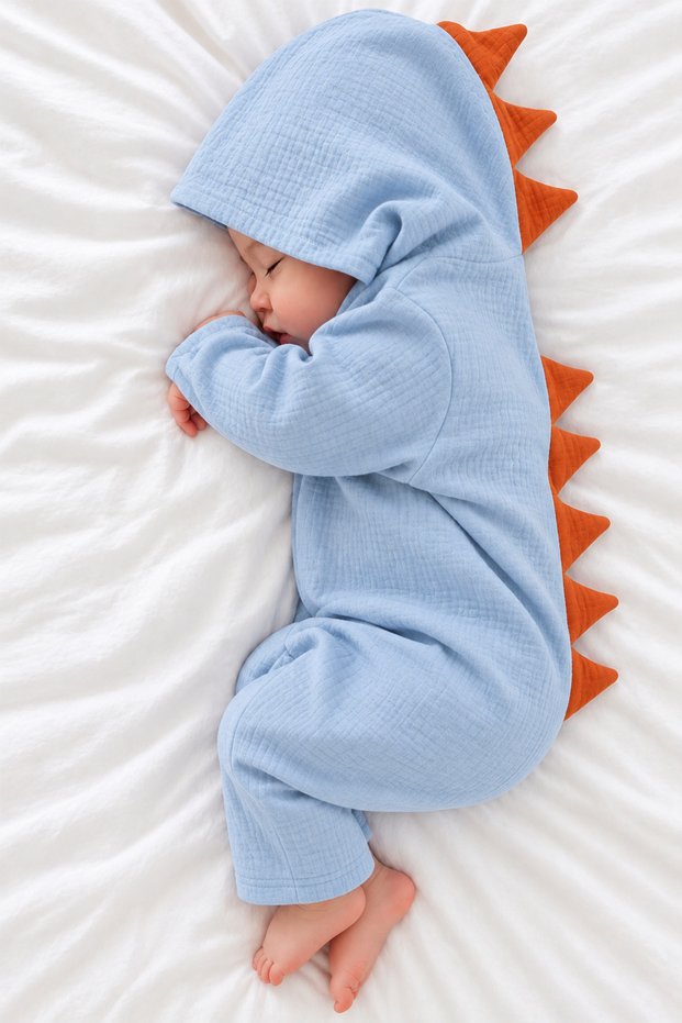 Muslin Fabric Hooded Jumpsuit with Dinosaur Design for Girls, Boys, Baby and Children