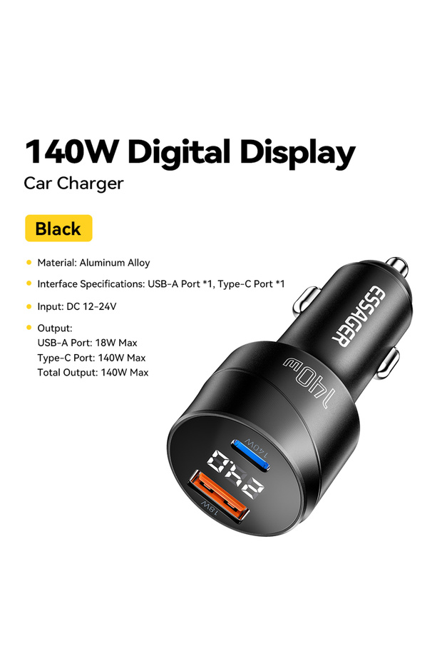 140W Black 140W Car Charger PD 3.1 Fast Charging Quick Charge 4.0 For Macbook Pro La