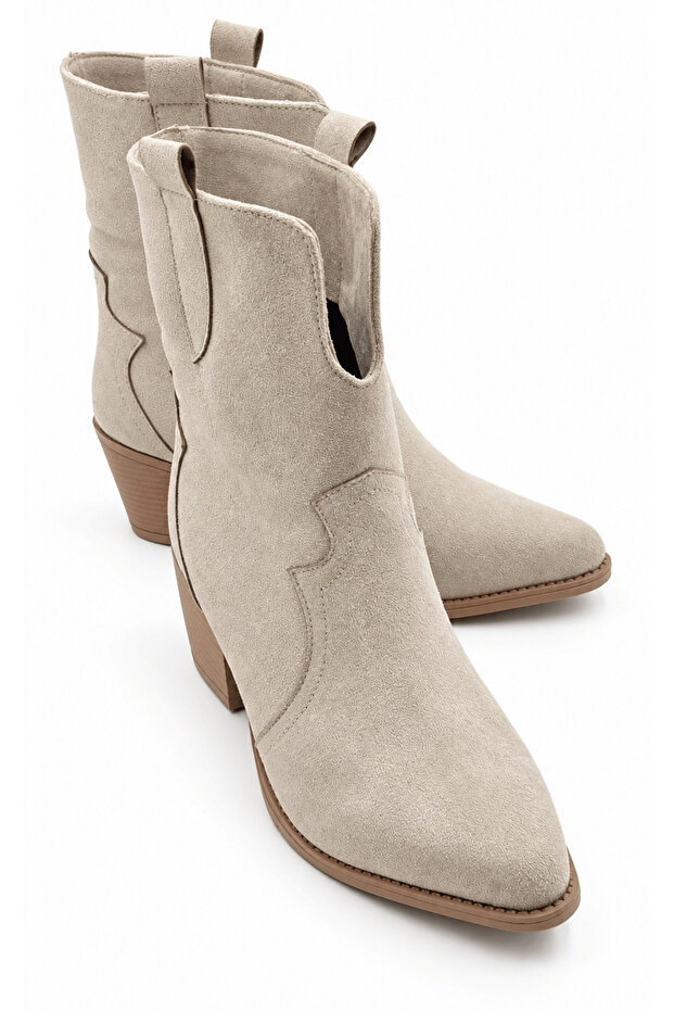 Evelyn Women's Suede Beige Pointed Toe Thick Heeled Pull-On Ankle Length Cowboy Boots