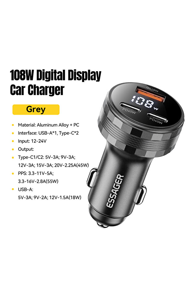 Grey 108W 3Ports USB Car Charger Digital Dispaly PD3.0 Fast Charging Quick Charge 3.