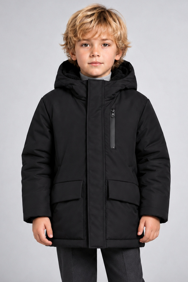 Boys Black Fur Lined Waterproof & Windproof Hooded 3-Pocket Winter Coats & Parkas
