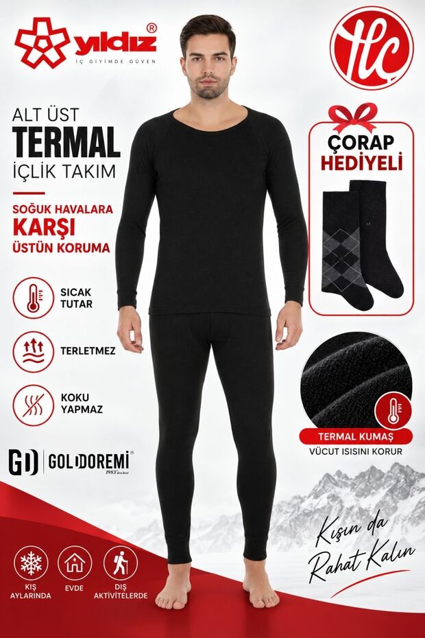 Men's Warm, Anti-Sweat, Long-Sleeved Black Thermal Underwear Set (with Socks as a Gift)