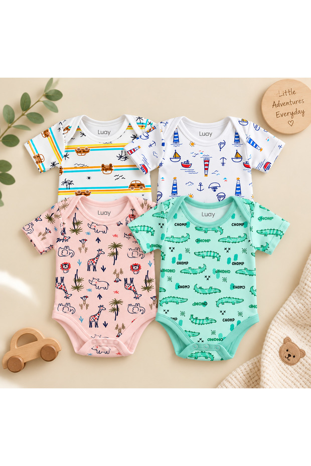 Unisex Organic Cotton Lizard, Lighthouse, Elephant & Car printed Onesie: Pack of 4