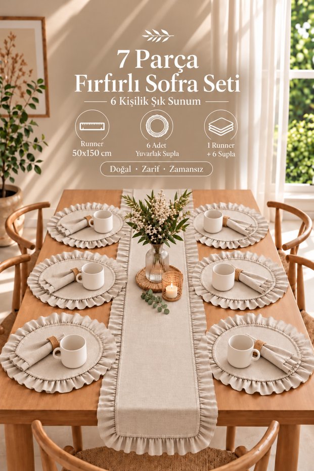 Ruffle Detailed Linen Runner & Supla Set – 7 Piece Dowry Collection