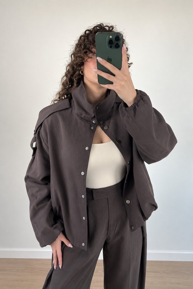Women's Dark Brown Stand Collar Lyocell Jacket Long Sleeve