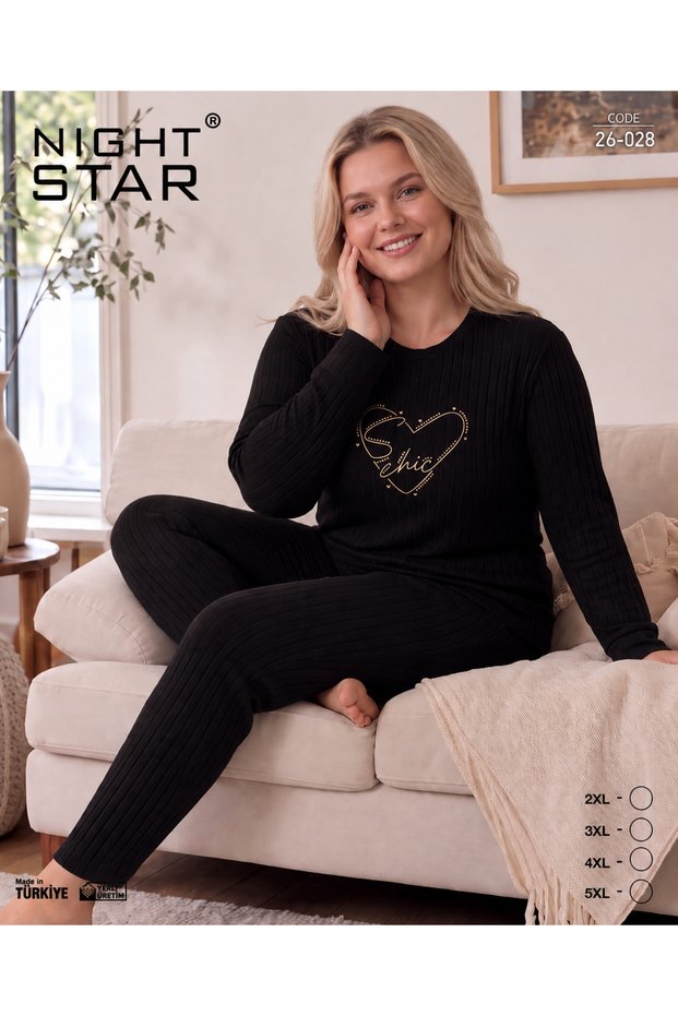 Roma Cotton Knitted Interlock Heart Printed Black Plus Size Pajama Set