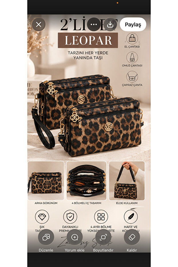 Set of 2 Leopard + Leopard 4-Compartment Women's Shoulder and Crossbody Bags Multi-Functional Zippered Handbag
