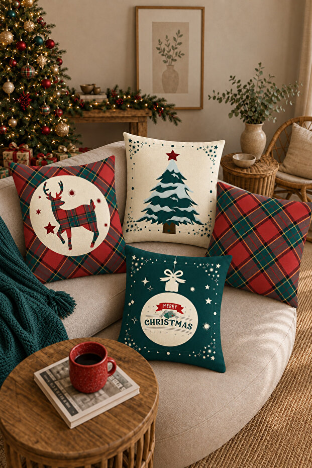 New Year's Design Digital Printed Gift Decorative 4-Piece Sofa Cushion Cover Set