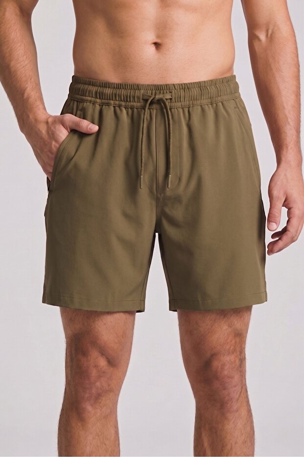 Men's Khaki Color Elastic Waist Lace-Up Swim Shorts