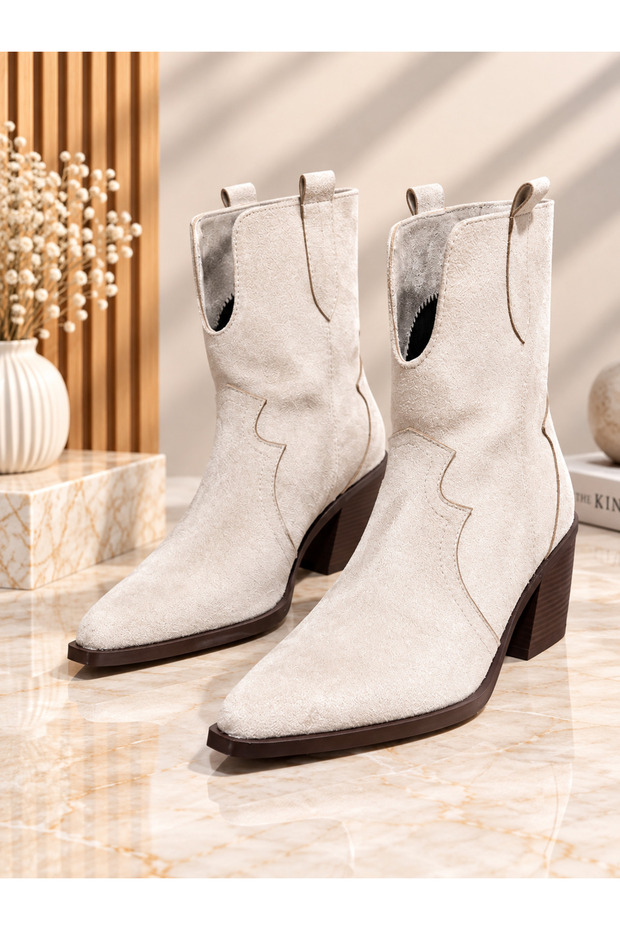 Women's Beige Suede Western Cowboy Ankle Short Boots