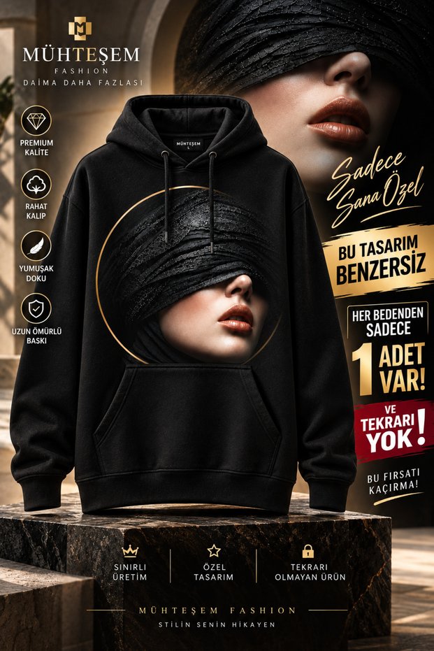 Oversize Printed Unisex 3 Thread Hooded Sweatshirt Black