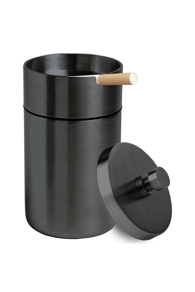 Black Portable Car Ashtray with Lid Stainless Steel Smokelss Ash Tray Detachable Windproof Ashtray f
