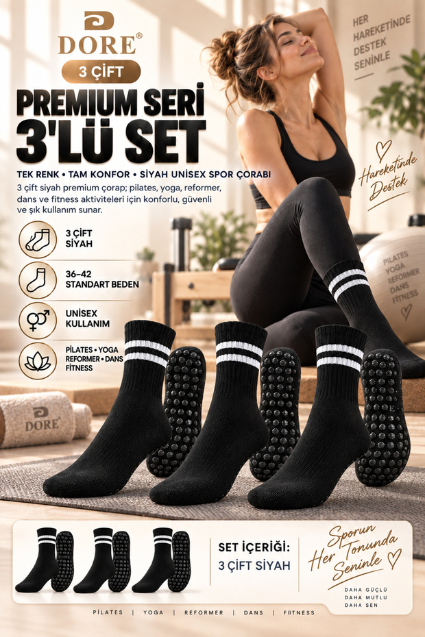 Original 3 Pairs of Non-Slip Soled Pilates Yoga Reformer Dance Fitness Activity Sports Socks Ultra Safe Non-Slip Sole Cotton Flexible Comfortable Set of 3 - Unisex Standard Size 36-42 | 3 X Black