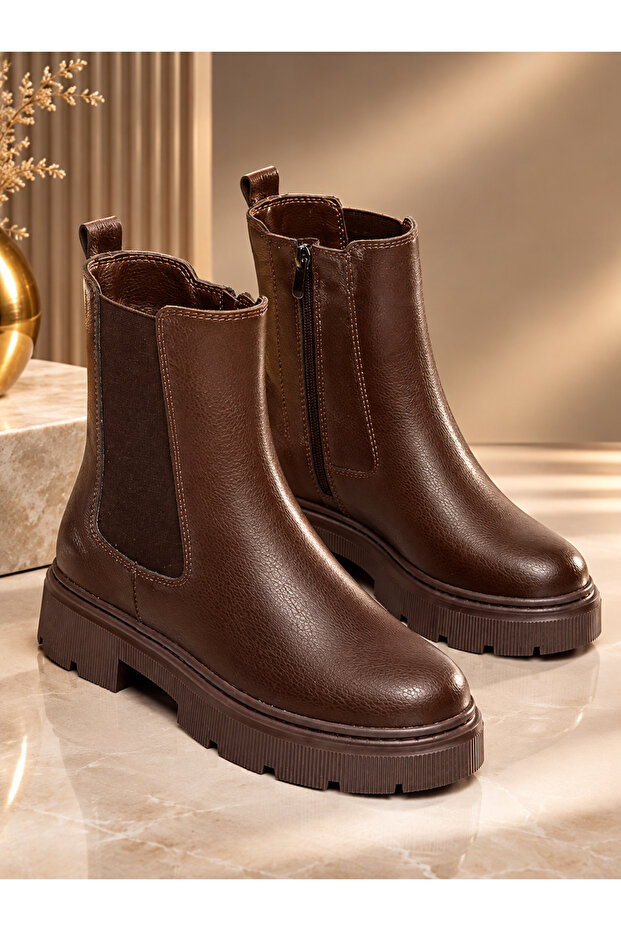 Women's Brown Chelsea Boots Thick Soled Zippered Winter Casual Stylish Boots 77