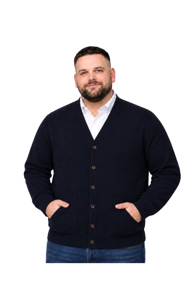 Men's Large Size Navy Blue Pocket Buttoned Knitwear Cardigan 3Xl-4Xl-5Xl-6Xl