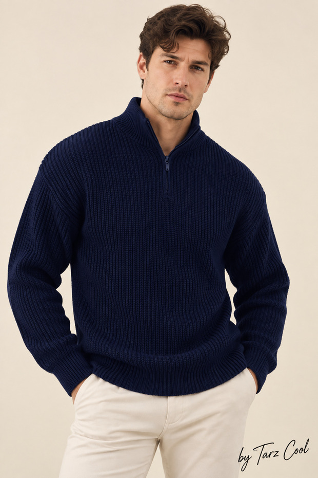 Men's Oversize Zippered Fishing Knitwear Sweater