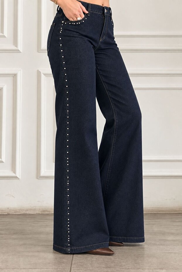 Pocket and Side Drop Stone Detailed Palazzo Jeans