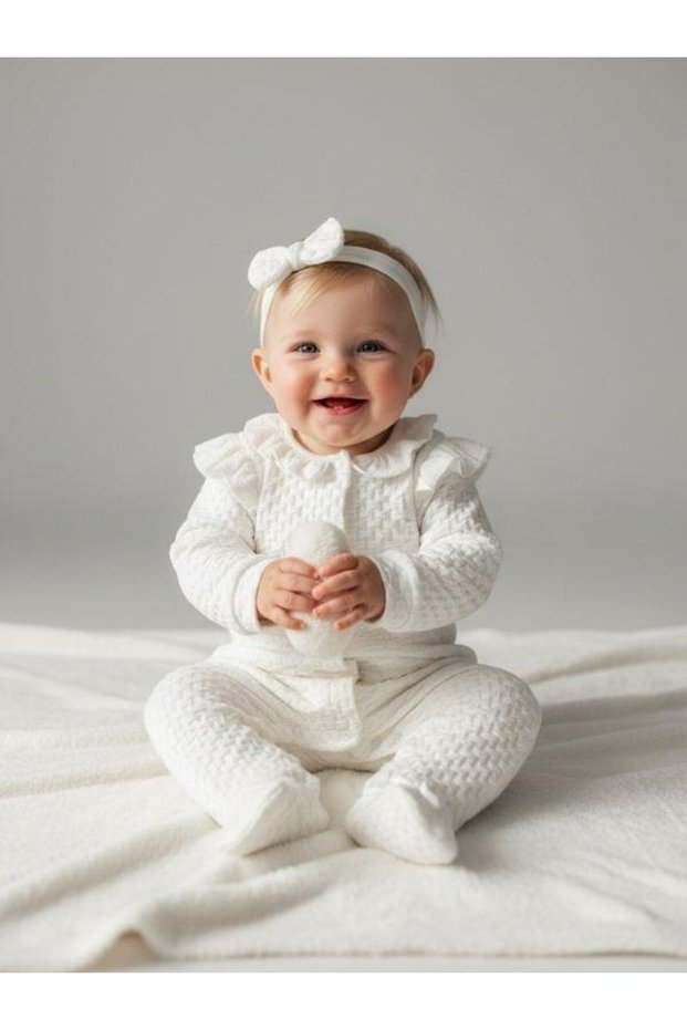 Baby Girl Textured Fabric Booties and Bandana Jumpsuit