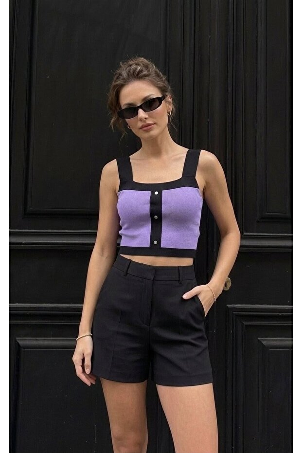 Strapless Sleeveless Button Detail Tricot Women's Bluz