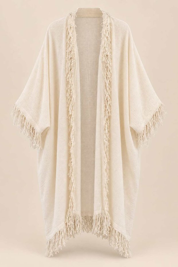 Beige Color Tassel Detailed Bohemian Kimono Kaftan