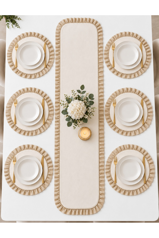7 Piece Beige Ruffled Cream Table Set for 6 People – Runner + 6 American Service Plates