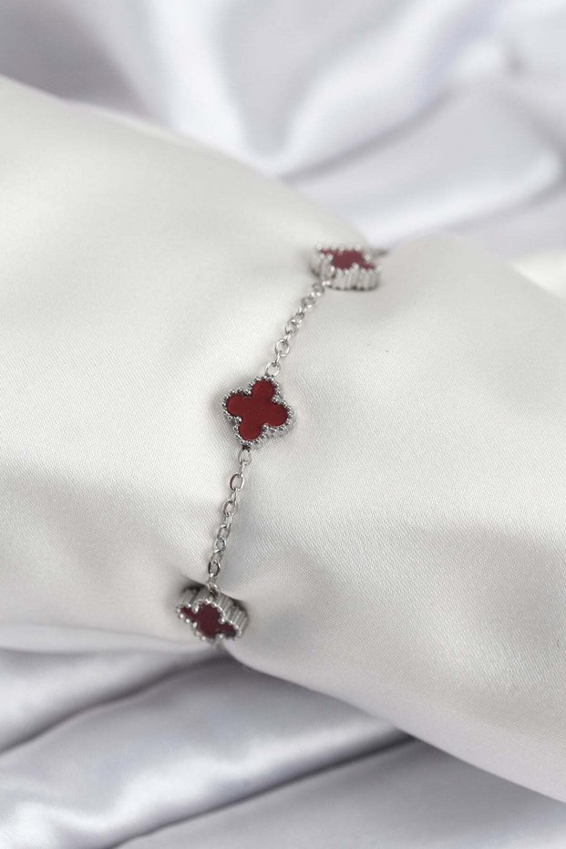 316L Steel Silver Color Burgundy Baby Boy Clover Women's Bracelet