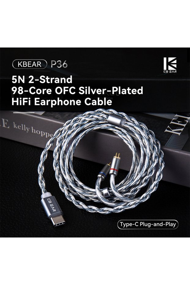 gray-silver KBEAR P36 5N 2-Strand 98-Core OFC Silver-Plated HiFi Earphone Cable Type-C Plug 0.78mm 2