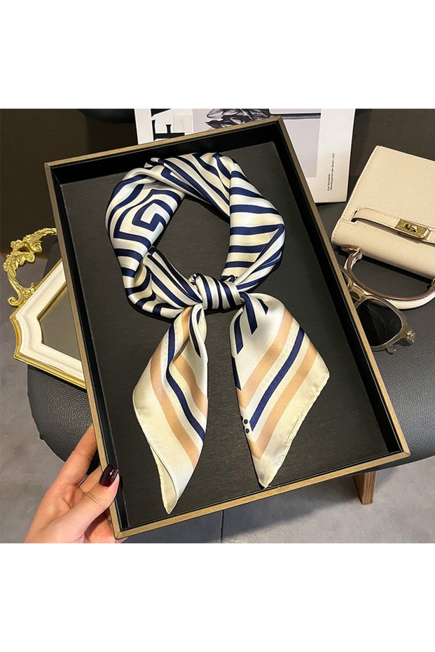 Blue Latest Design lady Silk Satin Scarf Women Handkerchief stripe Printed Female Square Head Bandan
