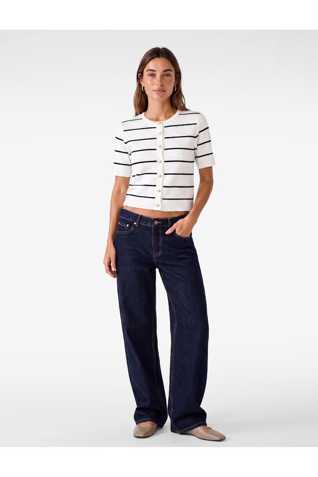 Buttoned Short Sleeve Crew Neck Striped Knitwear Cardigan