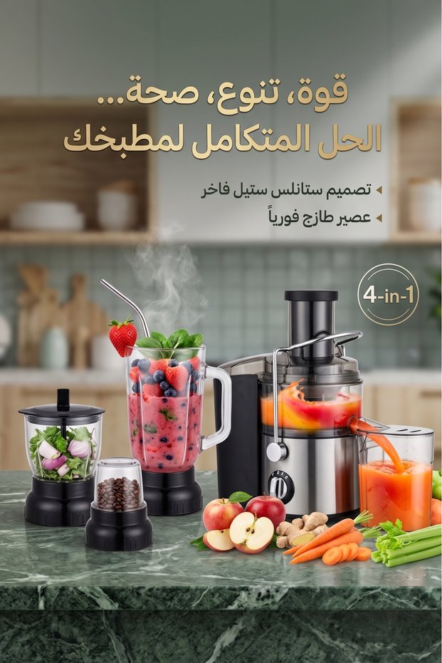 عصارة وخلاط متعدد الوظائف DENX DX3217 - 3 أوعية زجاجية، خاصية تكسير الثلج، سهلة التنظيف