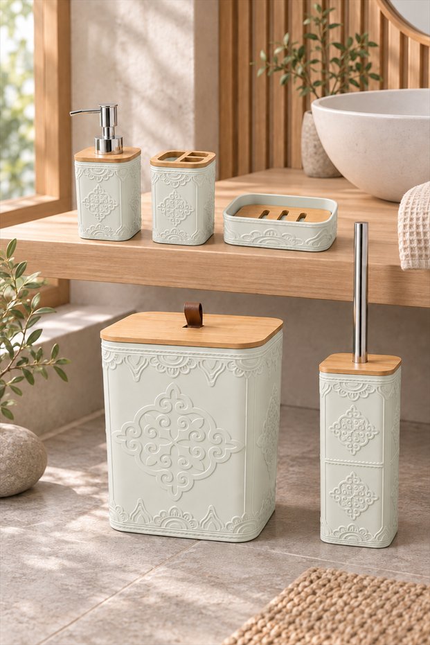 Natural Bamboo 5-Piece Bathroom Set, Sage Green, 8 Liters, 21 X 19 X 25 cm
