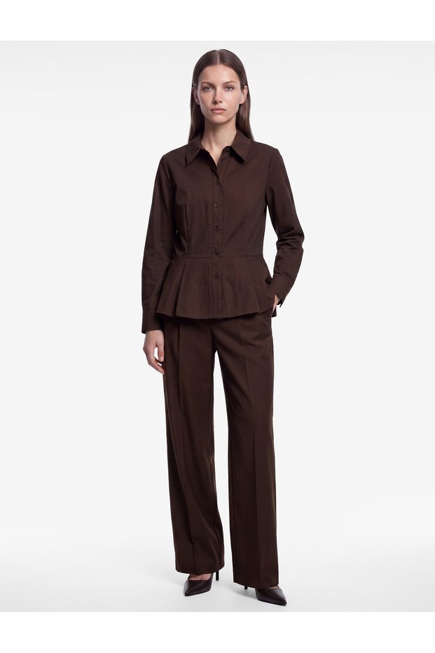 Cotton Long Sleeve Buttoned Classic Collar Peplum Shirt