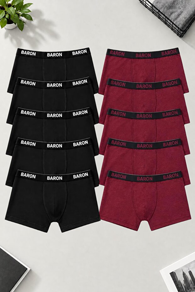 10 Pieces Men's Black-Claret Red Economical Cotton Lycra Boxer Shorts