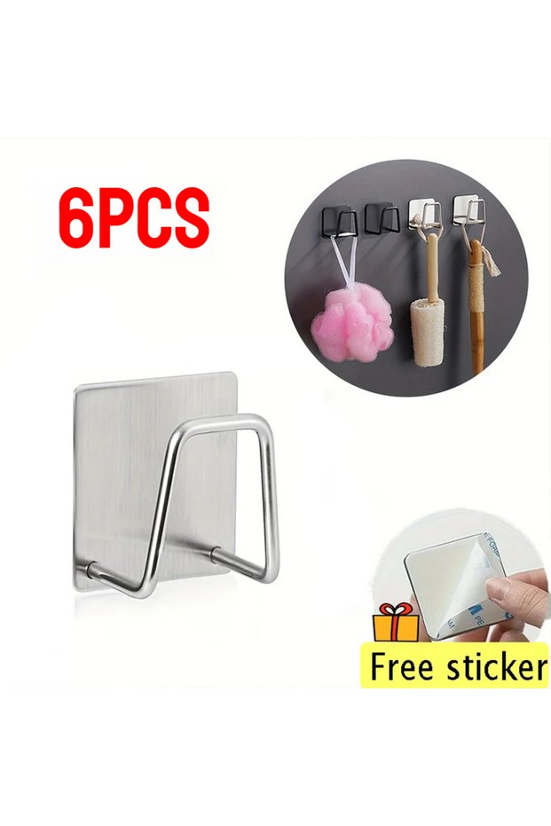 6PCS-sliver Kitchen Stainless Steel Sink Shelf Sponges Holders Adhesive Drain Drying Rack Wall Hooks