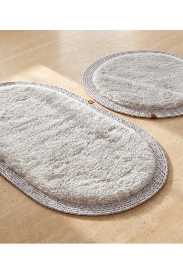 Rabbit Hair Plush Post-Bath Mat Set of 2 Ultra Soft Full Jute Edged Non-Slip Leather Base