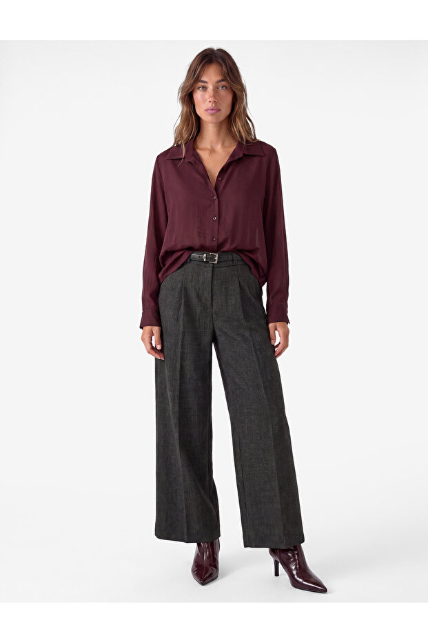 Regular Waist Barrel Cut Belted Pleated Wide Leg Fabric Trousers with Pockets
