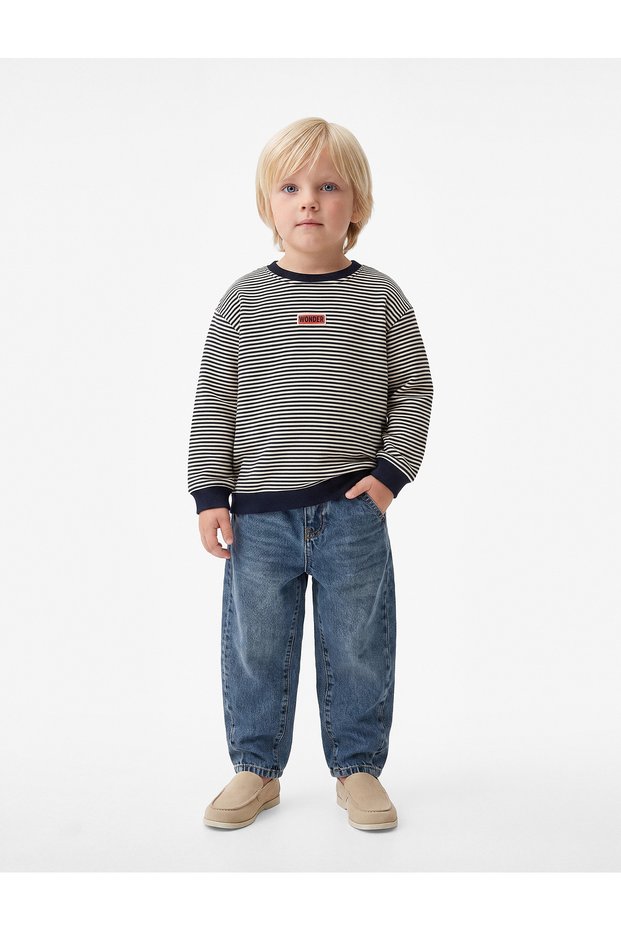 Label Detailed Shirred Crew Neck Long Sleeve Oversize Striped Sweatshirt