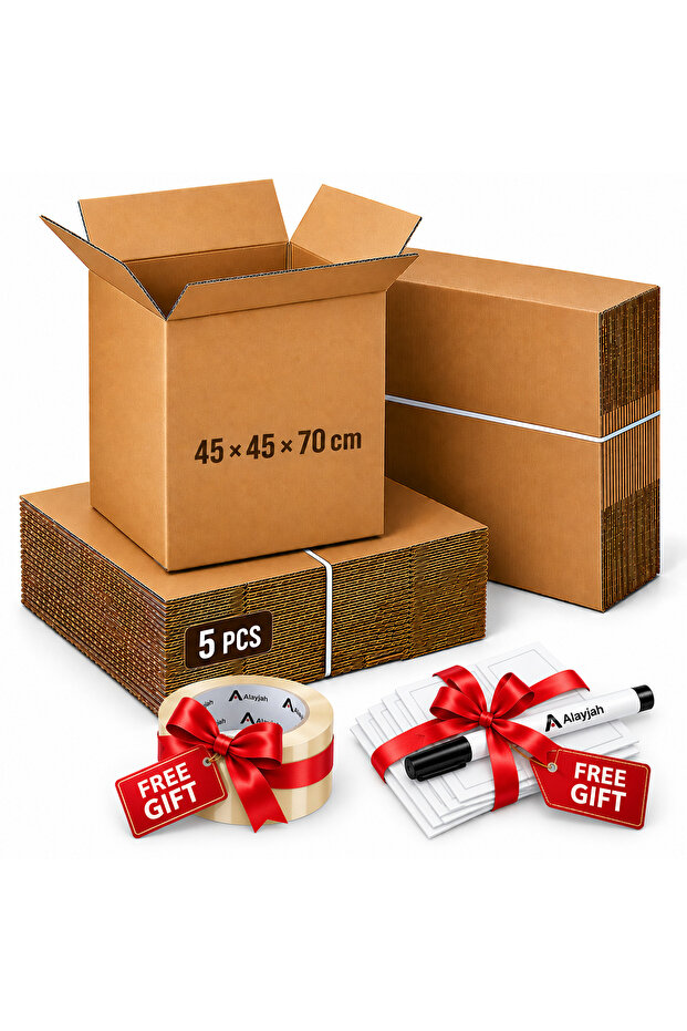 Move Your Stuff Easily, Pack of 5 Heavy Duty Moving Boxes + Free Masking Tape, Marker Pen & 5 Label Stickers, Large Double Wall Corrugated Carton Boxes 45 x 45 x 70 cm, 30kg Capacity, 30100014