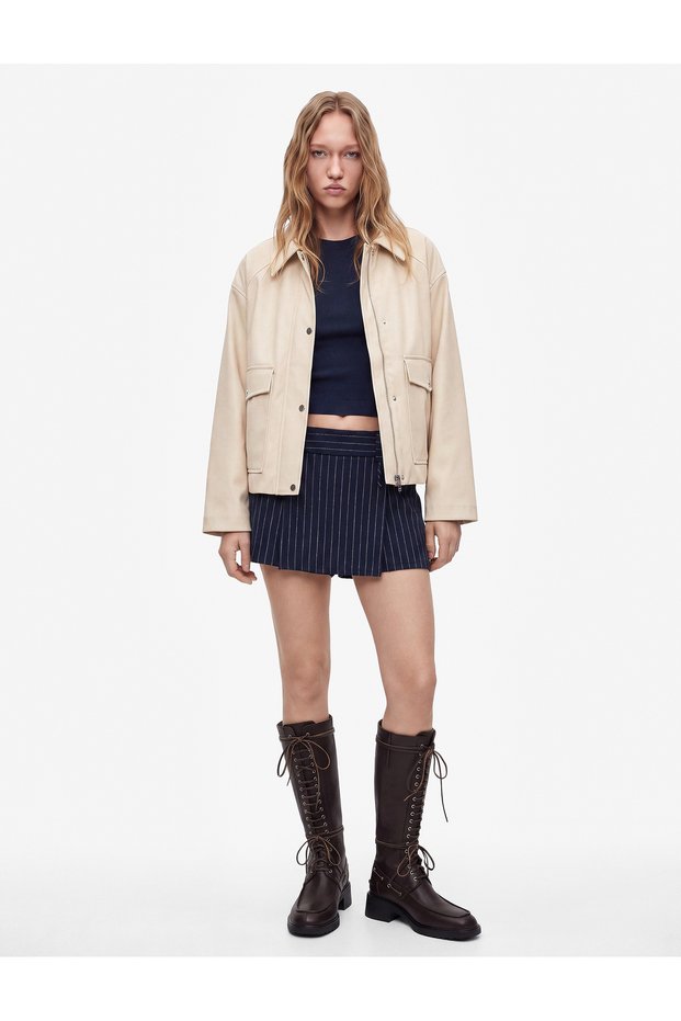 Normal Waist Comfortable Fit Buttoned Striped Short Skirt