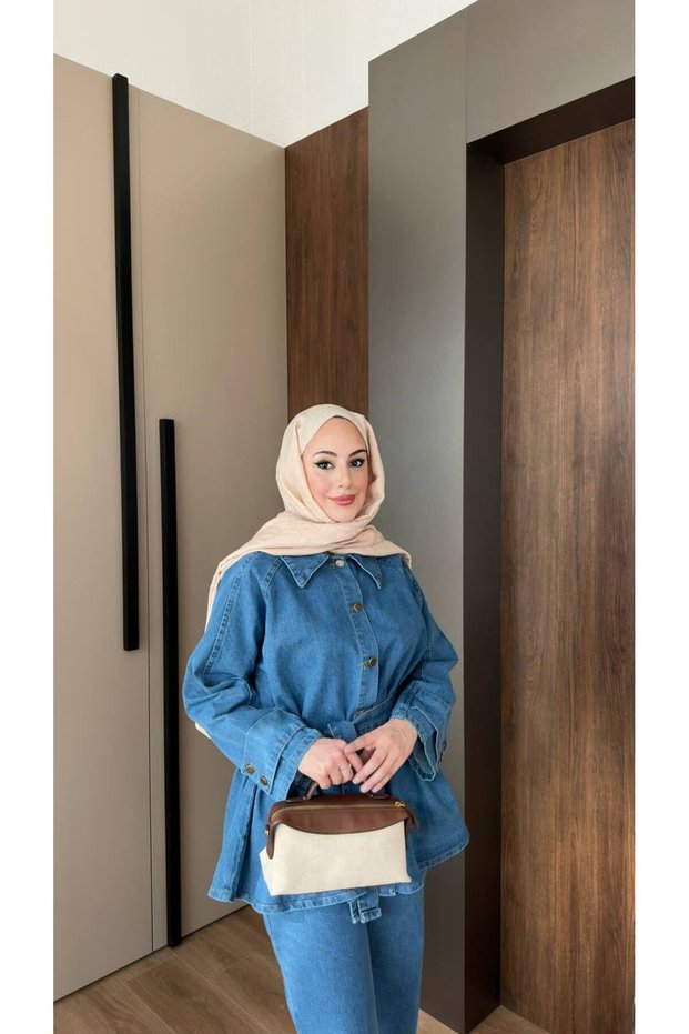Women's Double Button Long Blouse Jeans Pants Set